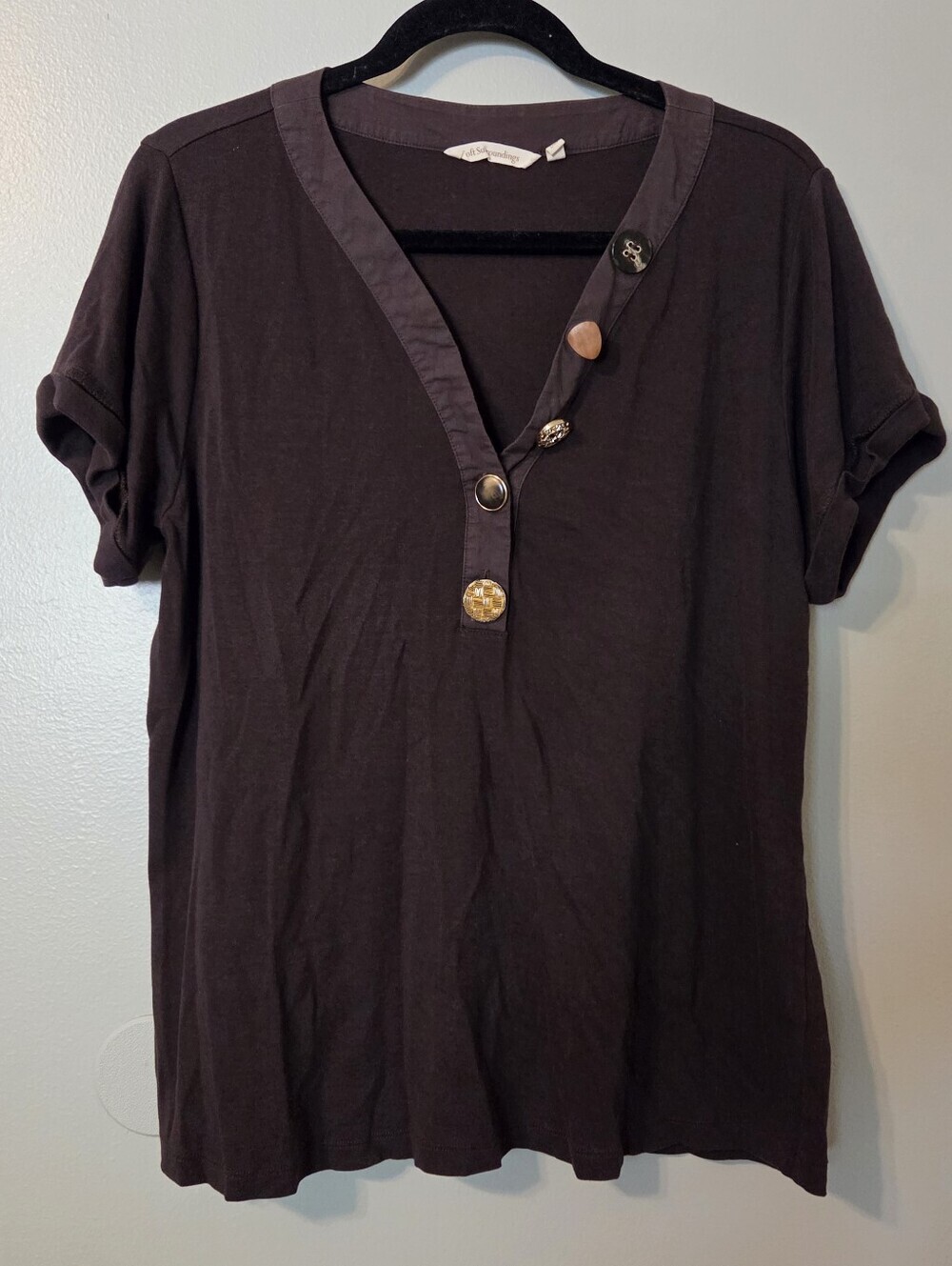 Soft Surroundings Womens Brown Bevvie Blouse Shirt Top Button Pullover Sz L